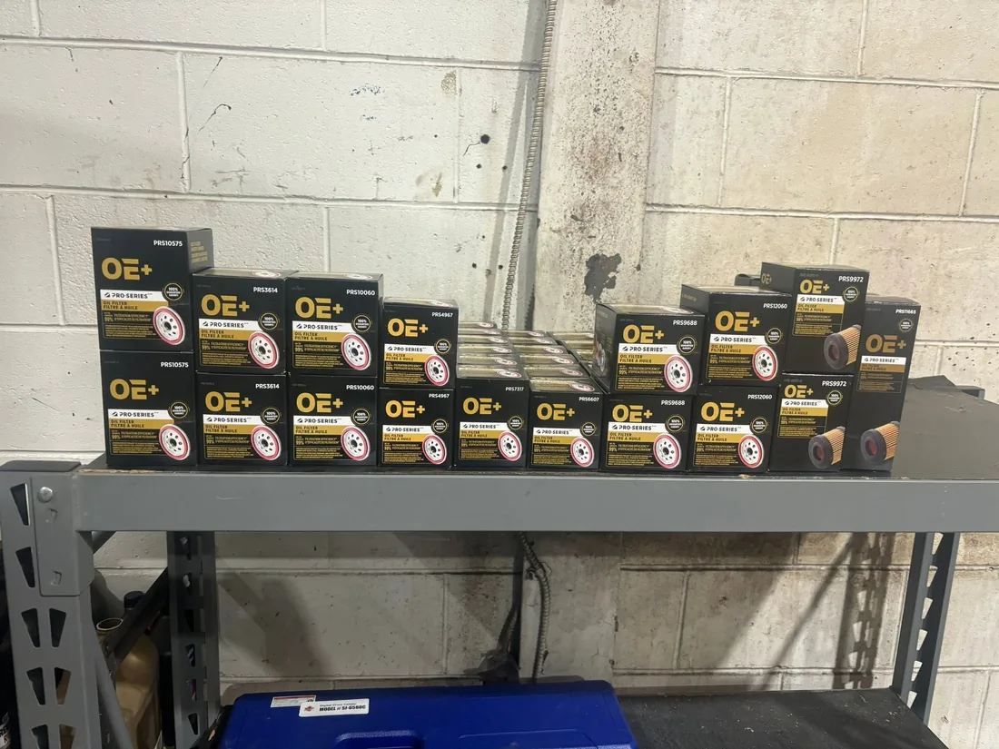 Oil filters stocked on the parts shelf at AutoNorth Auto Repair in North Bay